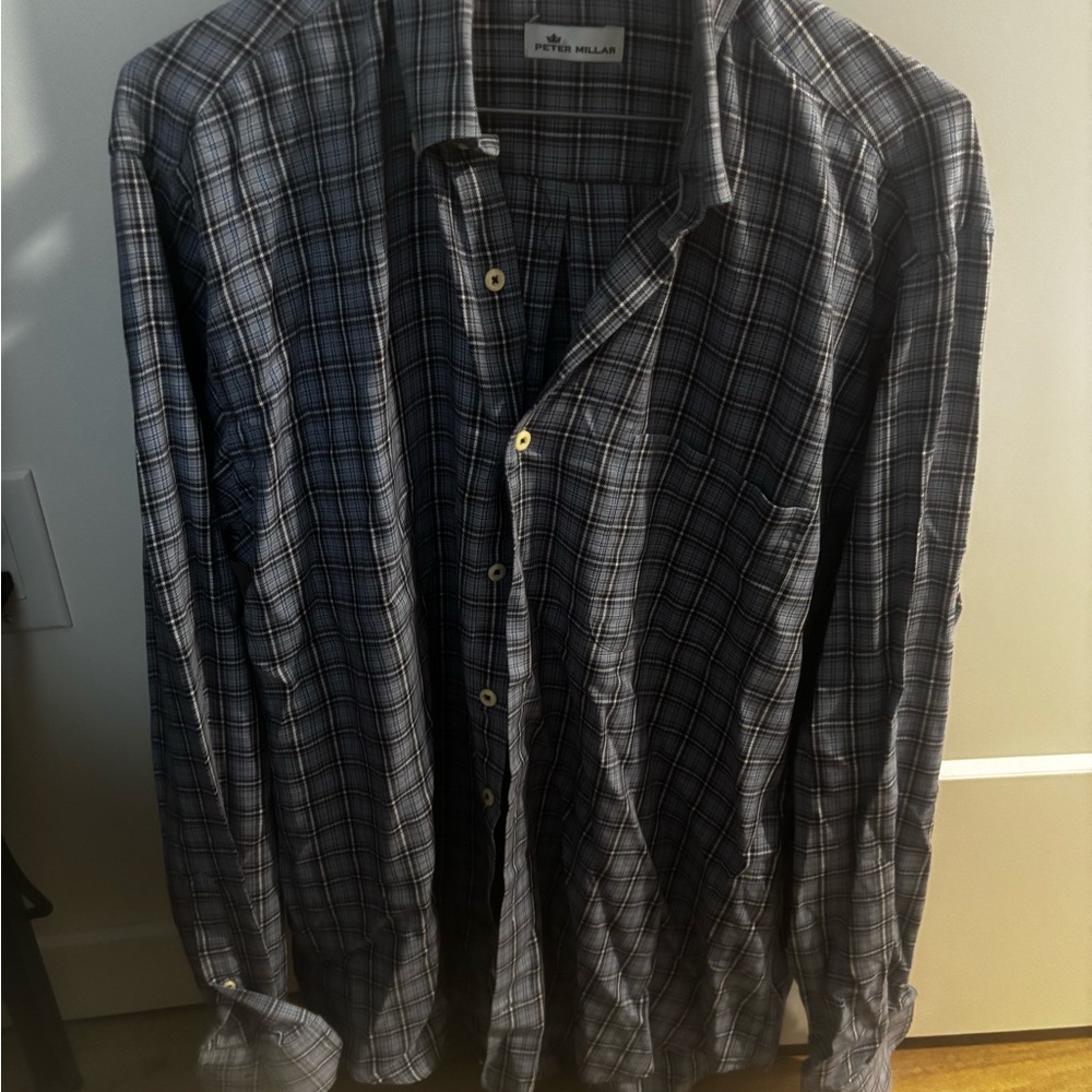 Large Peter Millar Men's Blue Checkered Shirt Cotton/Cashmere